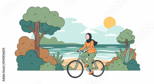 Adobe illustrator artwork vector illustration of a Muslim woman in hijab cycling along a scenic beach path with a basket of flowers. Relaxing outdoor activity and nature vector