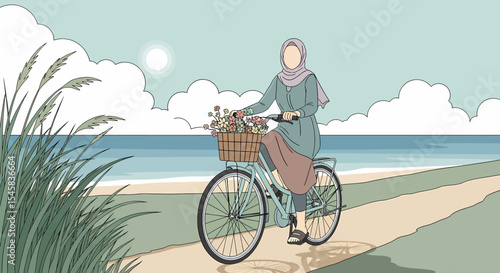 Adobe illustrator artwork vector illustration of a Muslim woman in hijab cycling along a scenic beach path with a basket of flowers. Relaxing outdoor activity and nature vector
