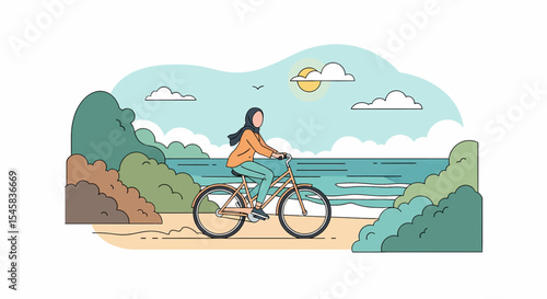 Adobe illustrator artwork vector illustration of a Muslim woman in hijab cycling along a scenic beach path with a basket of flowers. Relaxing outdoor activity and nature vector
