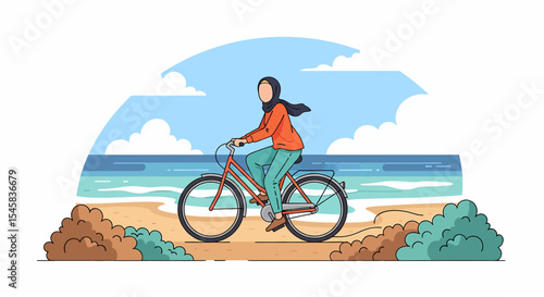 Adobe illustrator artwork vector illustration of a Muslim woman in hijab cycling along a scenic beach path with a basket of flowers. Relaxing outdoor activity and nature vector