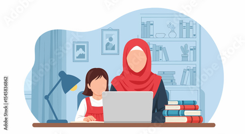 Adobe illustrator artwork vector illustration of a Muslim mother in hijab teaching her child at home, homeschooling during PJJ. Perfect for educational and family-themed designs