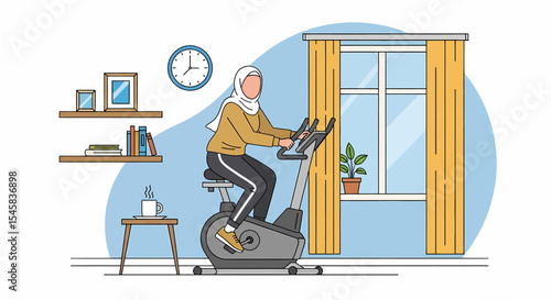 Adobe illustrator artwork vector illustration of a healthy Muslim woman in hijab exercising on a stationary bike at home. Fitness, wellbeing, and active lifestyle concept in vector format