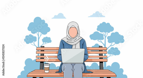 Adobe illustrator artwork vector illustration of an Indonesian Muslim woman in hijab working on a laptop while sitting on a park bench with a coffee. Outdoor work and lifestyle vector
