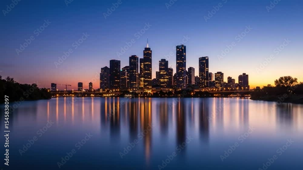 Chicago Skyline Reflections at Dusk: City Lights on Calm Water Chicago Skyline Reflections at Dusk: City Lights on Calm Water
