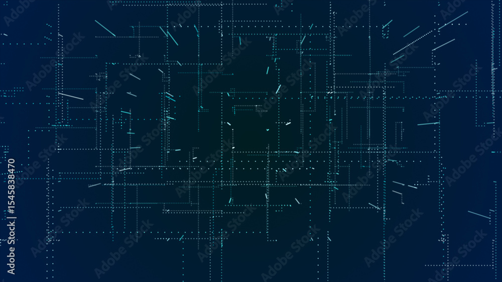 Obraz premium Flying through the 3d big data digital particles in cyber space, Cyan particles hi-tech technological background