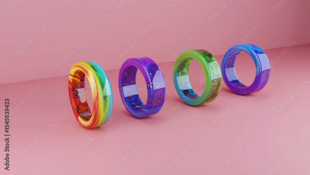 Fototapeta premium Four colorful resin rings with glitter arranged on pink background
