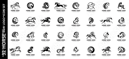 Set of elegant luxury horse logos in black and white. Ideal for premium branding, mustang emblems, car logos, equestrian clubs and horse-related businesses.