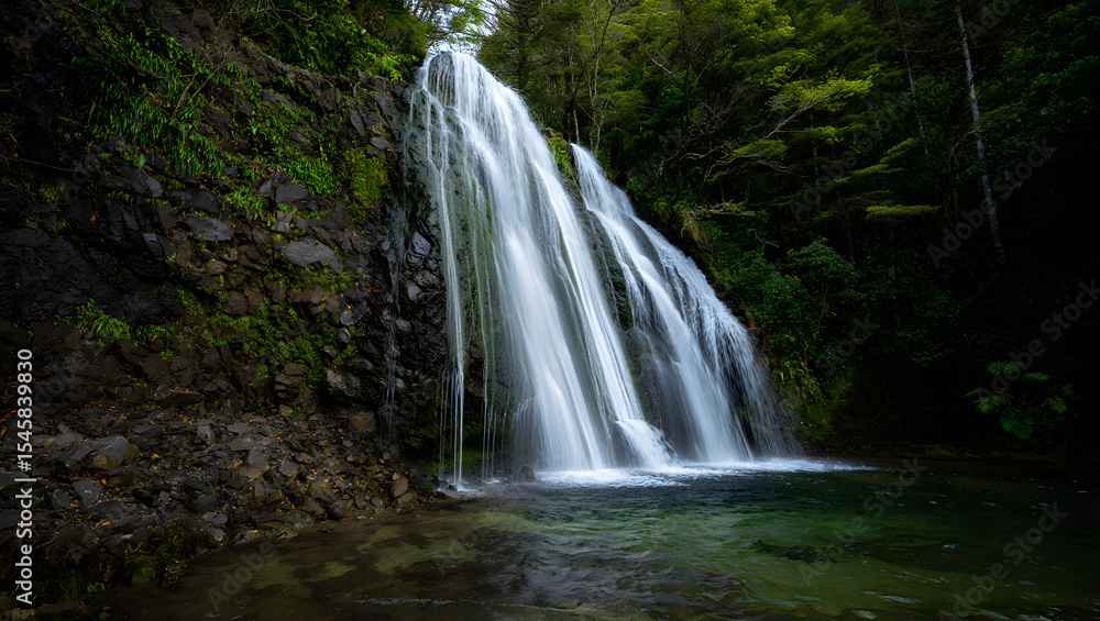 Fototapeta premium Serene waterfall cascading down mossy cliff in lush forest