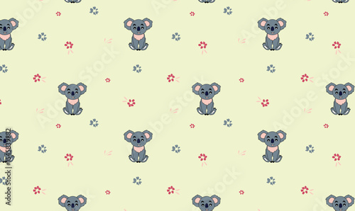 Seamless Koala Pattern with Flowers on Light Green Background – Cute Hand-Drawn Animal Design for Kids