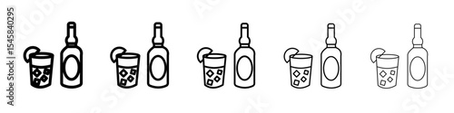 Tequila bottle and glass icon thin outline logo mark set
