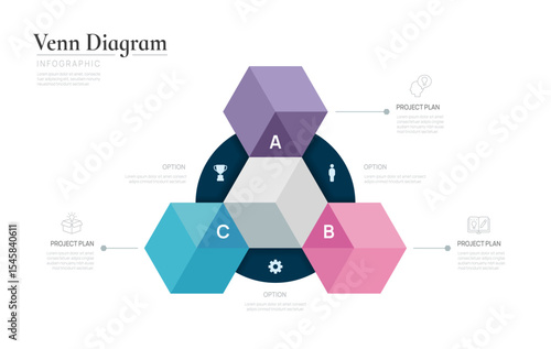 Venn diagram business infographic circle chart template 3 steps options, presentation with venn diagram elements vector illustration.