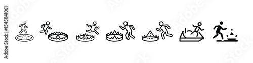 Icon of a person falling into a trap or pitfall in front of a walking figure, representing hidden risks, unseen challenges, Path Risk Icon – Straight vs. Curved Direction with Warning