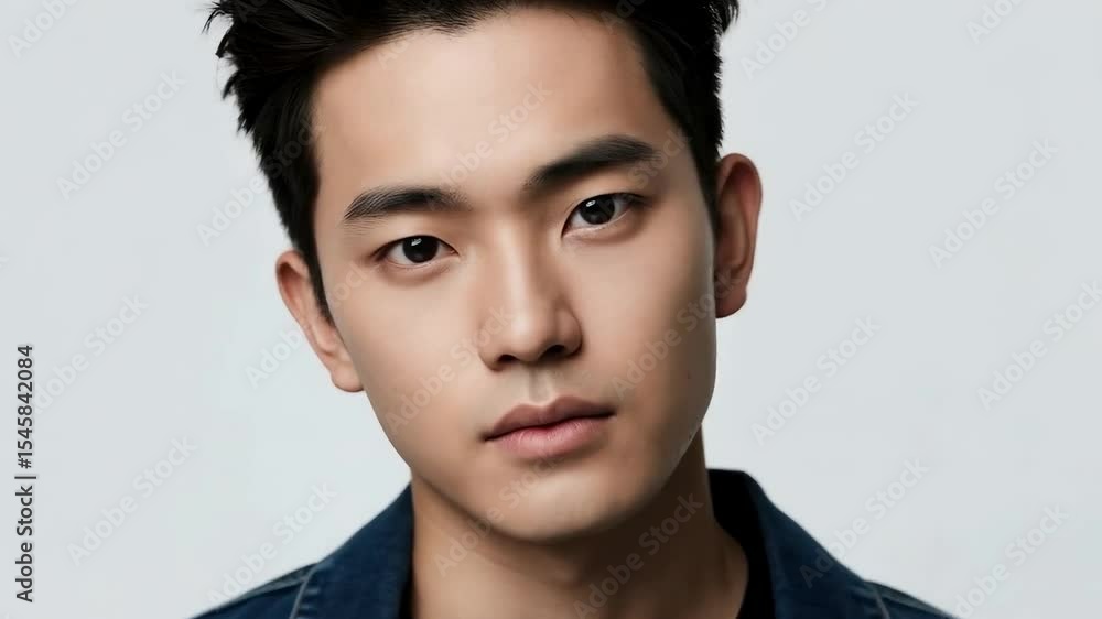 A young asian man with dark hair poses in a denim jacket for a studio portrait, isolated on white background A young asian man with dark hair poses in a denim jacket for a studio portrait, isolated on white background