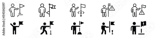 warning Flag Decision Icon – Hesitation and Warning Sign in Risky Choices, Icon of person holding flag and pausing near flag, symbolizing hesitation during decision-making, identifying warning sign