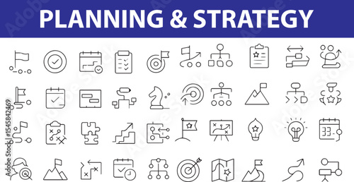 Planning and Strategy Line Icons,  Checklist, Calendar, Target, Mindmap, Pie Chart, Roadmap, Idea, Graph, graph, gear, strategy board, clock, roadmap, and more. Perfect for business presentations, pro