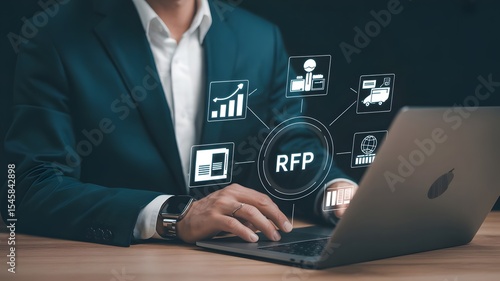 RFP, Request for Proposal Business Concept. Businessman working on laptop with icon representing Request for Proposal (RFP) process, including procurement, bidding, contract management, and logistics.