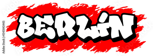 Urban graffiti vector with the word Berlin in white text, black outline, and red splatter background. Bold street art style for posters, apparel, or digital design.