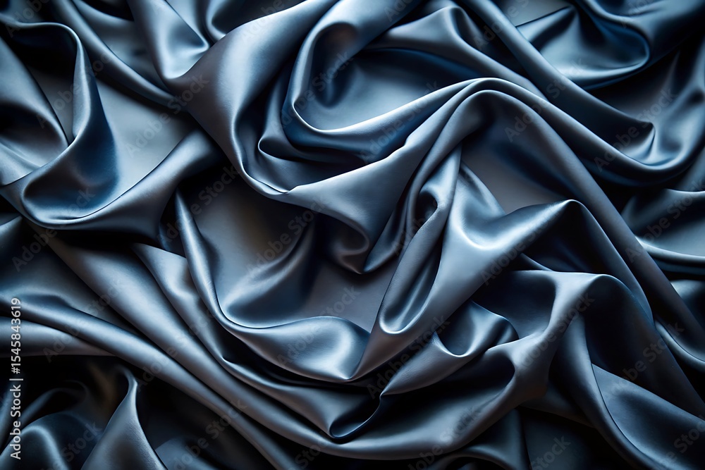 Fototapeta premium Draped steel blue satin fabric, luxurious textile background, elegant smooth texture