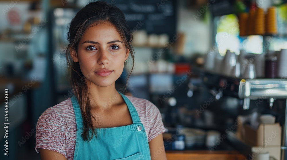 Latina Hispanic woman Cafe Owner. Barista working in Coffee shop, looking at camera. Startup successful small business owner. Bistro Business. Small and Medium Enterprises concept. Latina Hispanic woman Cafe Owner. Barista working in Coffee shop, looking at camera. Startup successful small business owner. Bistro Business. Small and Medium Enterprises concept.