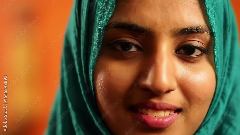 Close Up Portrait of a Smiling Young Woman in Teal Headscarf with Warm Orange Background Close Up Portrait of a Smiling Young Woman in Teal Headscarf with Warm Orange Background