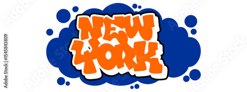 Graffiti vector with New York in orange text, white outline, and blue bubble background. Urban street art style perfect for posters, fashion, stickers, and digital art.