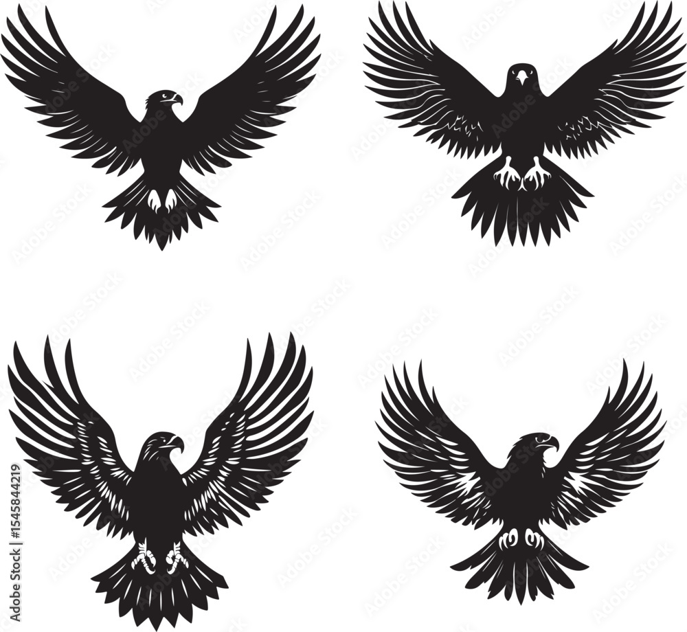 Fototapeta premium Majestic Eagle Silhouettes with Spread Wings – Vector Set Black and White Hawk and Eagle Tattoo Designs Flying Predator Birds – Monochrome Falcon Illustrations