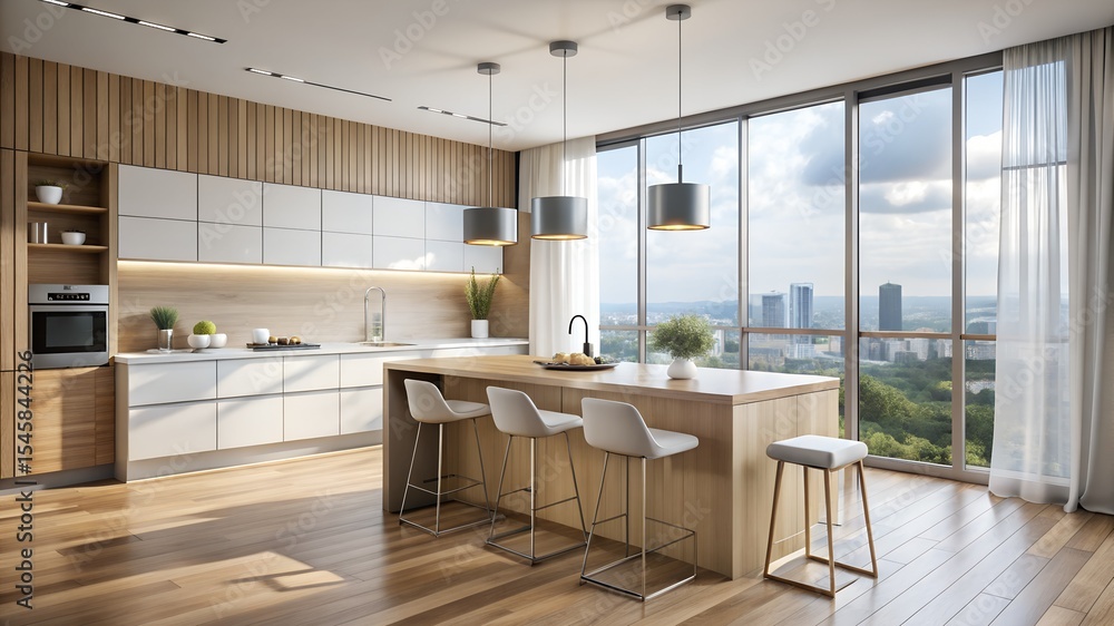 Modern minimalist kitchen design with city view and wooden accents Modern minimalist kitchen design with city view and wooden accents