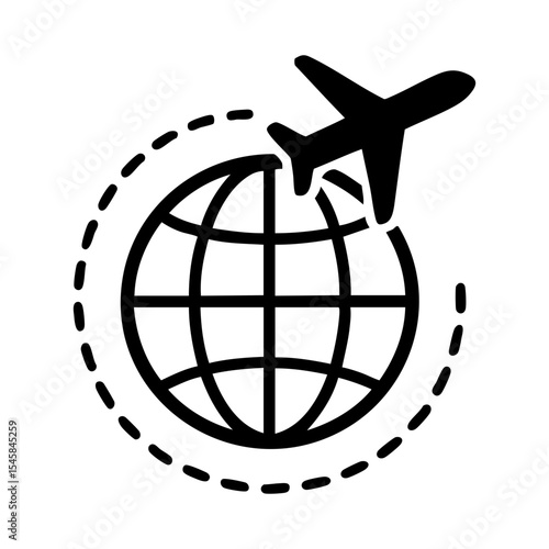 Airplane flying around globe icon representing global travel, international flights and worldwide tourism