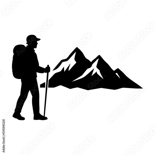 Silhouette of hiker with mountain landscape representing outdoor adventure, trekking and nature exploration