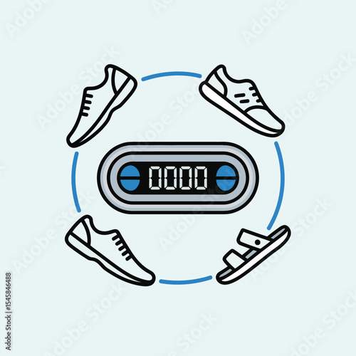 Pedometer Digital Display Surrounded by Shoes and Sandals