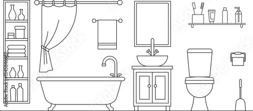 Bathroom floor plan, Restroom furniture arrangement, Washroom interior design, line art, customizable stroke, vector, illustration