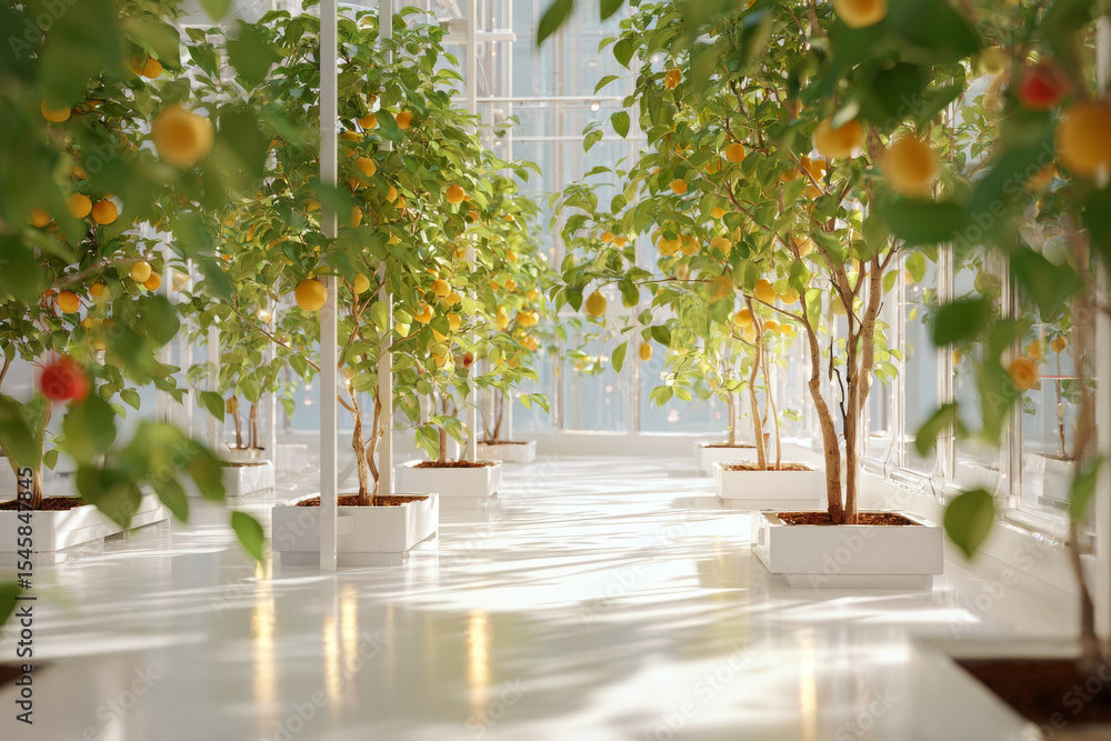 Fototapeta premium Indoor orchard dwarf fruit trees brightly lit create serene ambiance