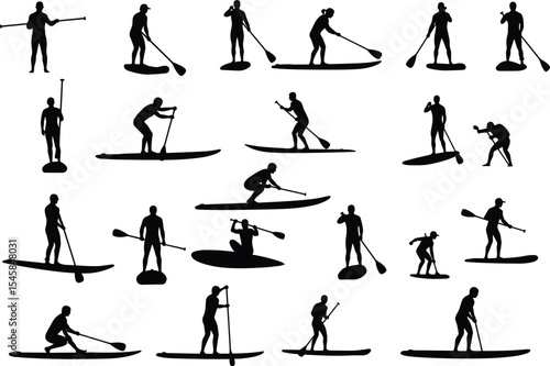 Silhouettes of Paddleboarding People, Stand Up Paddleboard Vector Set, Water Sports Poses, Outdoor Fitness Clipart, Summer Activity Design, Coastal Lifestyle Illustration