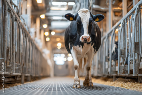 Dairy cow walks through automated milking gates, looking inquisitive