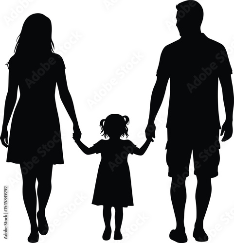 Family Silhouettes Holding Hands, Parental Love and Care, Child Safety Illustration, Unity and Togetherness Concept, Black Vector Graphic, Supportive Family Bond Design