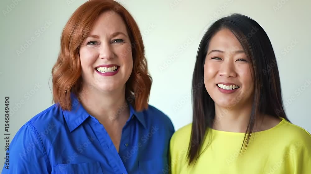 Smiling Women with Red and Black Hair in Blue and Yellow Shirts against White Background Smiling Women with Red and Black Hair in Blue and Yellow Shirts against White Background