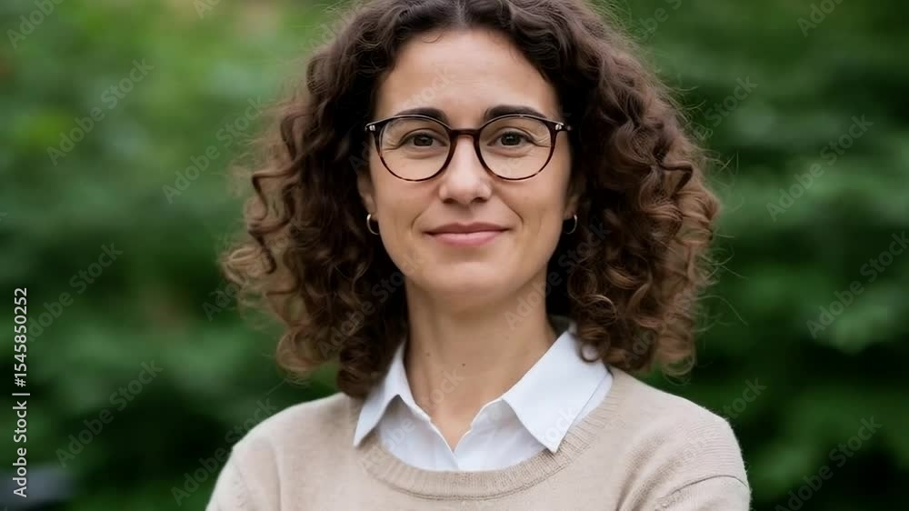 A happy woman with curly hair and glasses smiles for a portrait in a park with a bicycle in the background A happy woman with curly hair and glasses smiles for a portrait in a park with a bicycle in the background