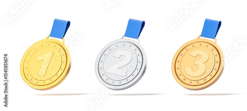Vászonkép Gold, silver, and bronze medals with numbers 1, 2, and 3 representing ranking or achievement concept on white background