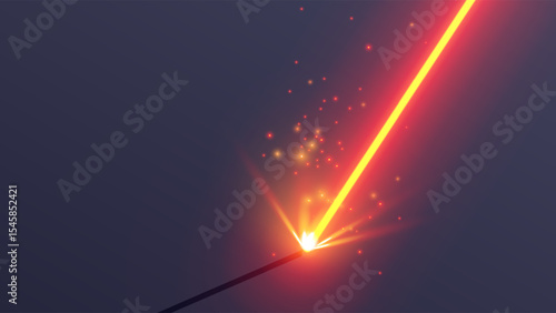 A red laser beam cuts metal in close-up. The orange plasma beam of the welding machine strikes sparks from metal. Vector template of a laser beam with sparks from cnc machine on industry factory.