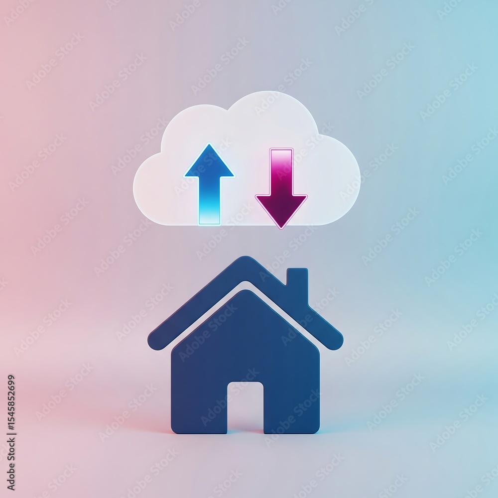 Cloud storage upload and download concept represented with a house icon and arrows Cloud storage upload and download concept represented with a house icon and arrows