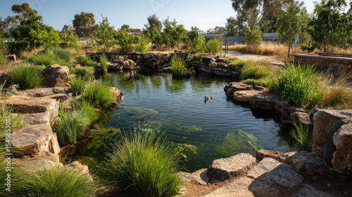 Pond system looks tranquil, with lush vegetation and calm water surface