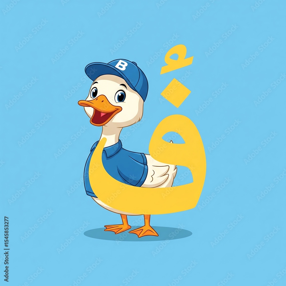 Fototapeta premium Cute duck cartoon character wearing cap with yellow arabic alphabet on blue background