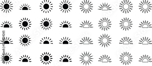 Sun icon set, sunshine and solar glow sunrise or sunset. Decorative circle full and half sun and sunlight. Hot solar energy for tan. Vector sun light sign collection isolated on transparent background