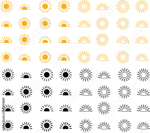 Sun icon set, sunshine and solar glow sunrise or sunset. Decorative circle full and half sun and sunlight. Hot solar energy for tan. Vector sun light sign collection isolated on transparent background