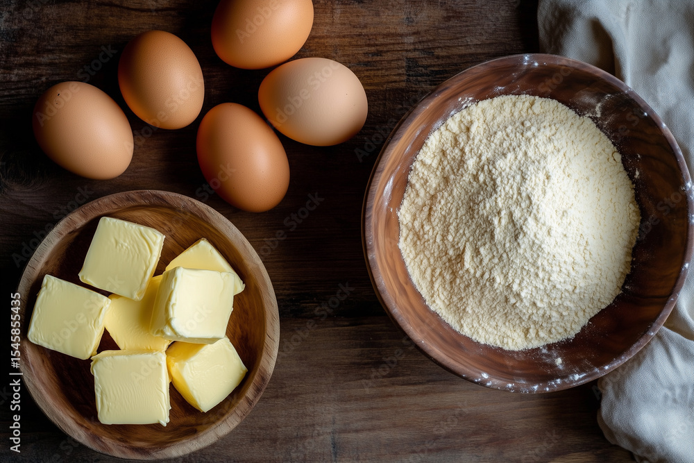 A baking ingredients: flour in a bowl, butter, and eggs on a woodern surface for bakery A baking ingredients: flour in a bowl, butter, and eggs on a woodern surface for bakery