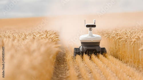 Robotic Harvest in Golden Fields: A futuristic, AI-powered agricultural robot efficiently navigates through a field of golden wheat, showcasing innovation in modern farming and automated harvesting.