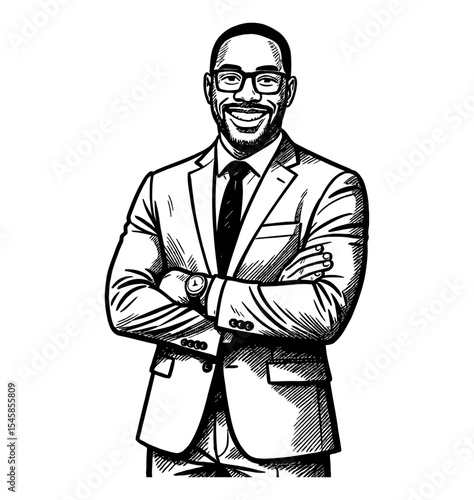 Smiling African American Businessman with Arms Crossed in Suit Black and White Detailed Illustration