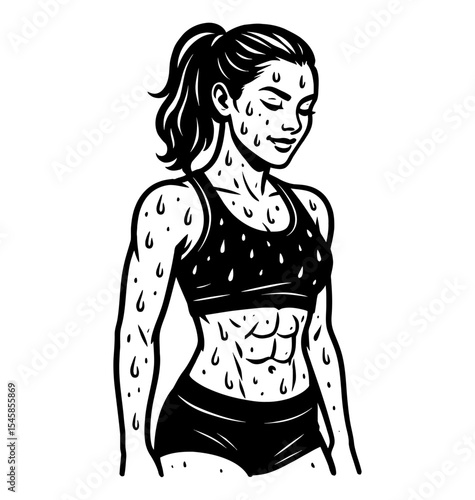 Fitness Woman Sweating After Workout with Sports Bra and Short in Line Art Style