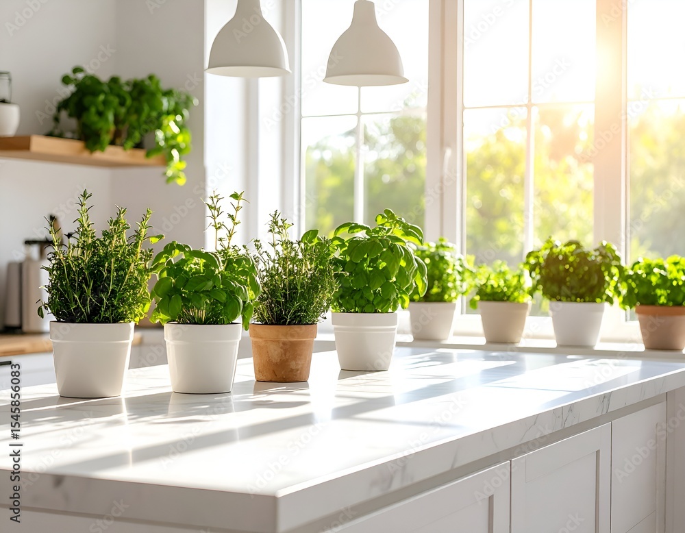 Minimalist Kitchen with Marble Counters and Green Potted Herbs Minimalist Kitchen with Marble Counters and Green Potted Herbs