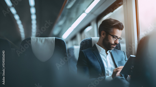 Business Commute: A focused business person is absorbed in their work on a tablet device, capturing the essence of modern work travel, embodying productivity and efficiency.